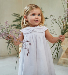 WHITE LINEN DRESS WITH SMOCK EMBROIDERY