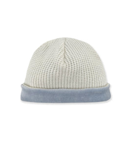 WHITE AND BLUE KNITTED BONNET