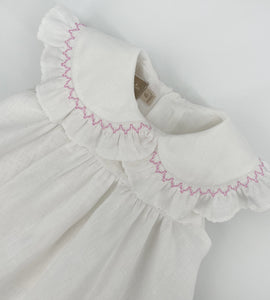 WHITE LINEN DRESS WITH SMOCK EMBROIDERY