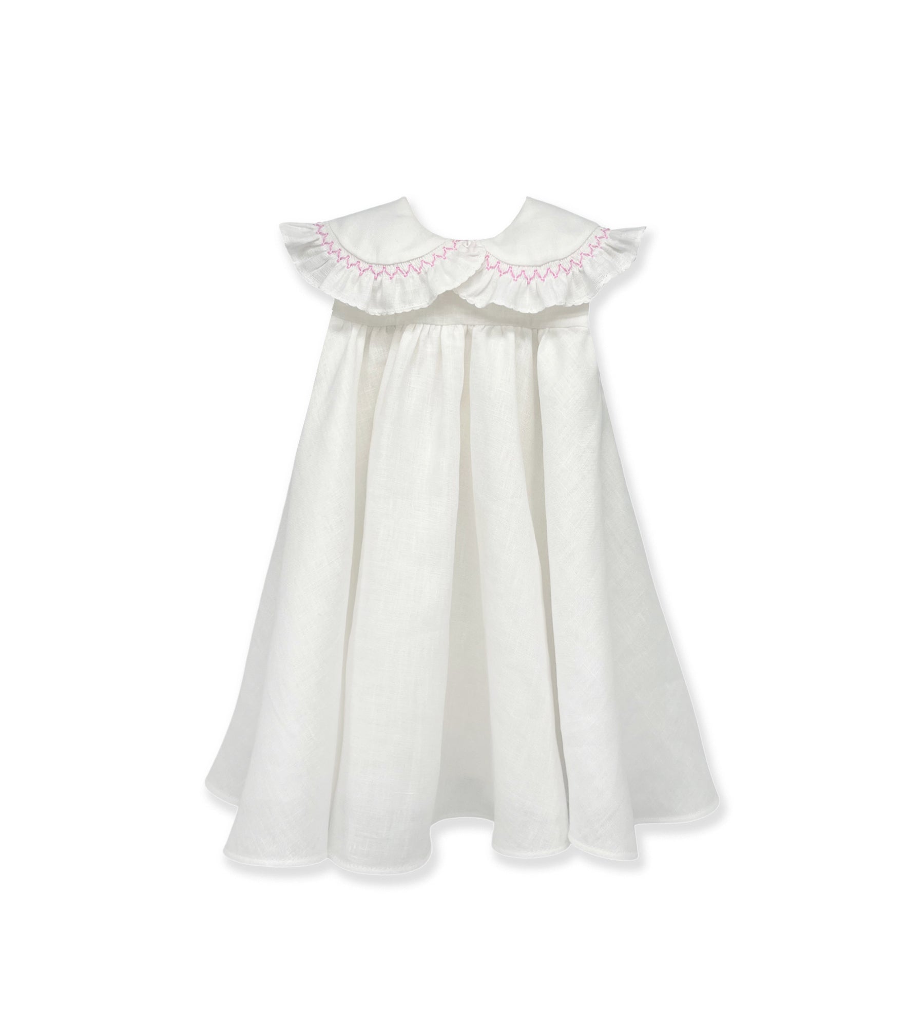 WHITE LINEN DRESS WITH SMOCK EMBROIDERY